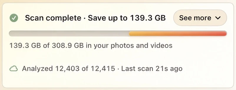 Scan complete, save up to 139.3 GB. Analyzed 12,403 of 12,415.
