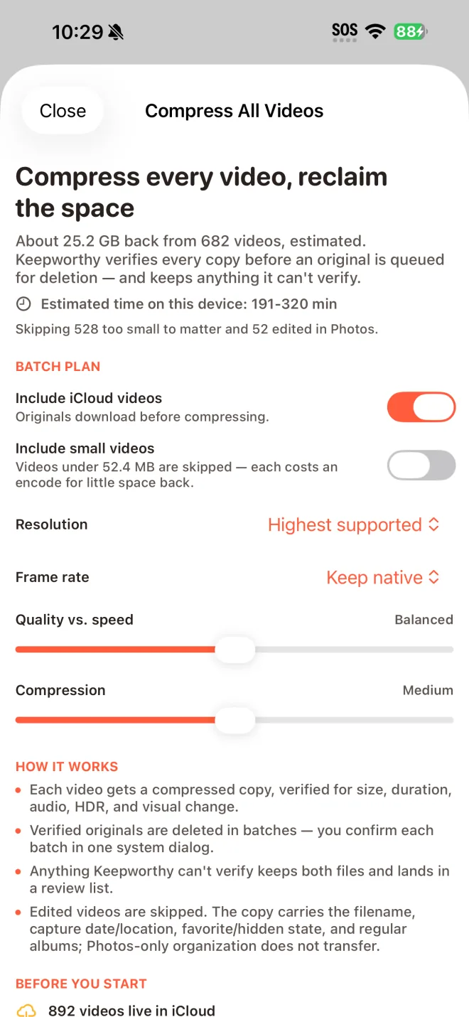 Compress All Videos: a batch plan with resolution, frame rate and compression settings