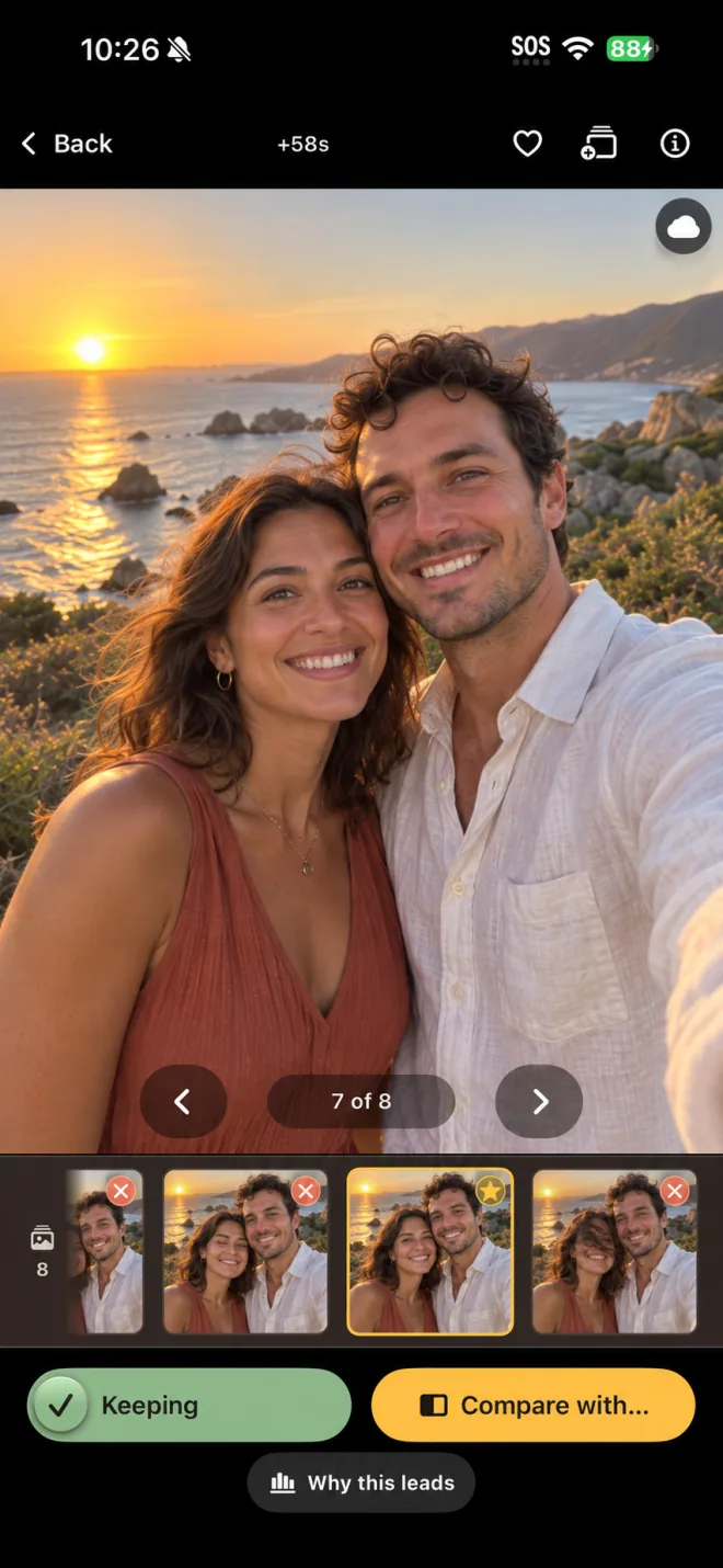 Keepworthy on iPhone: the best shot from a group of eight, marked Keeping