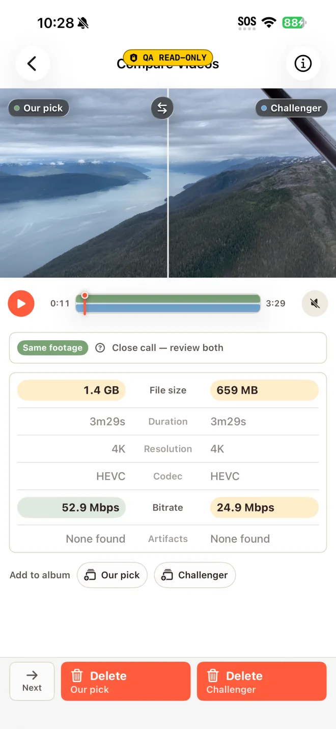 Compare Videos: two takes of a floatplane flight side by side, with file size, duration, resolution, codec and bitrate
