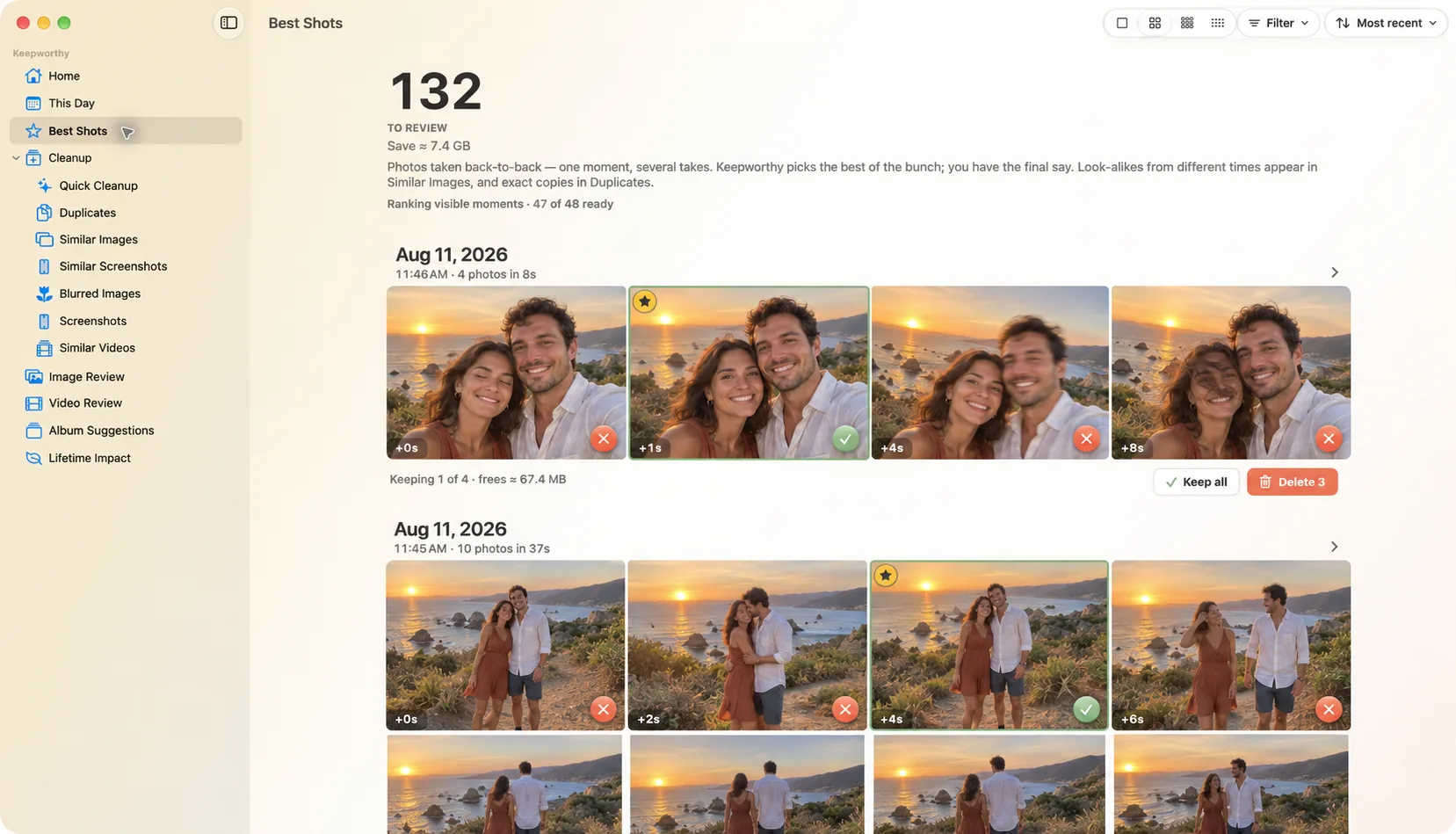 Best Shots on a Mac: bursts grouped by moment, one photo starred to keep and the rest marked for deletion