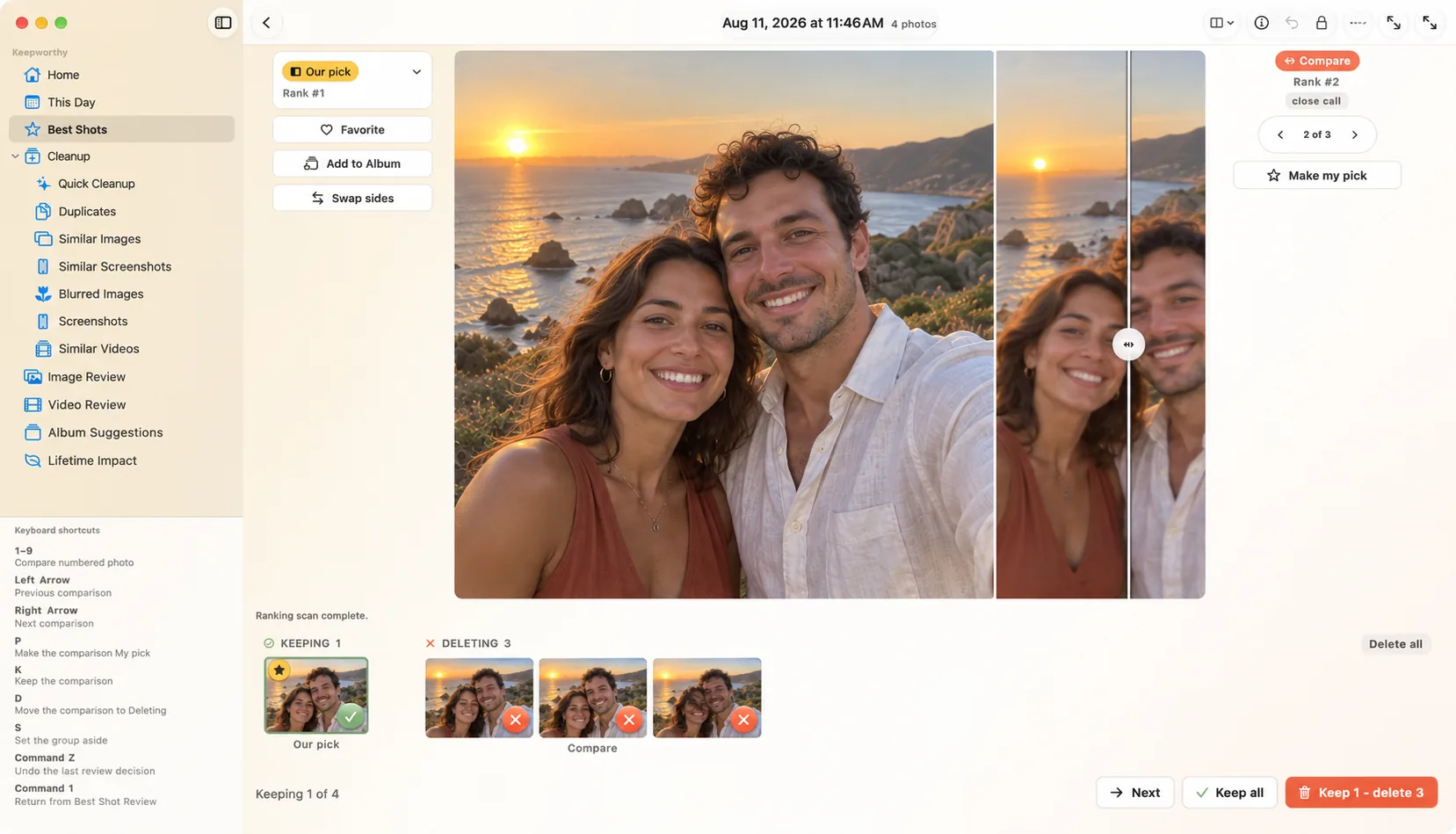 Best Shots compare on a Mac, with the keyboard shortcut list