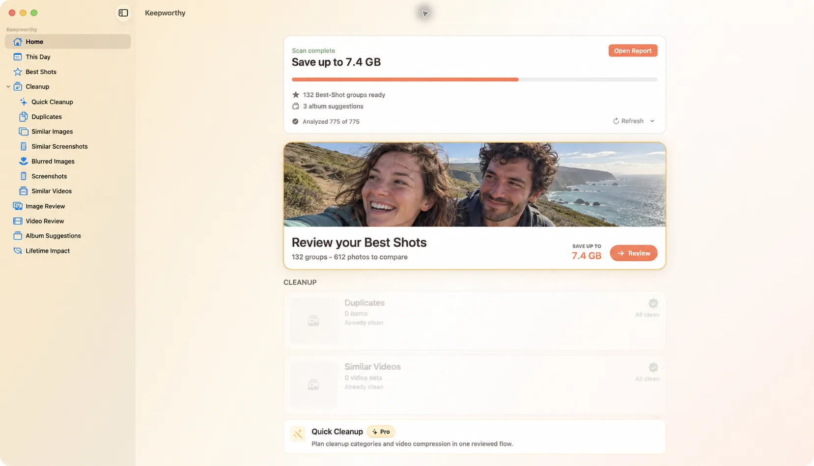 Keepworthy on a Mac: Home, with the scan complete and Review your Best Shots
